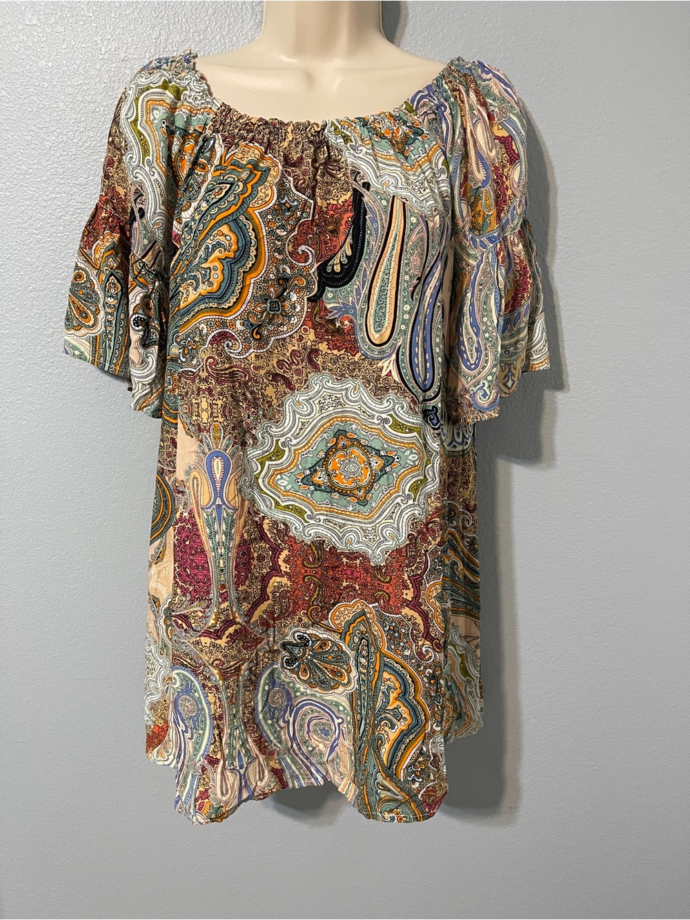 Umgee Womens Paisley Tunic Top Dress Boho Peasant Bell Sleeve Multicolor Medium